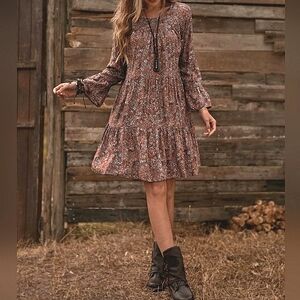 New Boho Floral Mini Dress Tiered Ruffle Mini Burgundy Red Brown White
